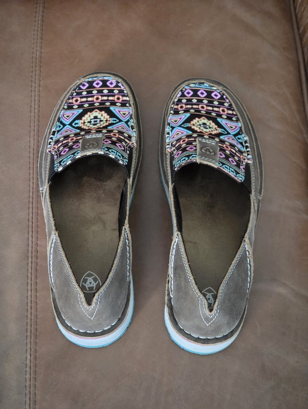 Ariat Brown Moccasin Loafers with Multicolor Aztec Print - Picture 2 of 7